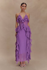 Aleyna Chiffon Ruffle Midi Dress - Purple